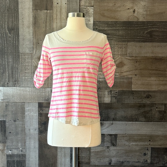 Banana Republic cream hot pink striped top small 3/4 sleeves coastal Barbie - Picture 7 of 12